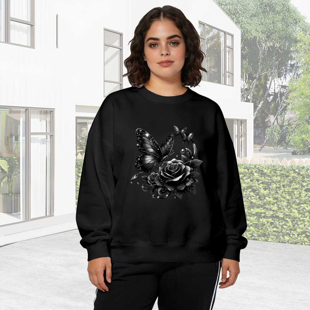 Dark Gothic Black Butterfly & Rose Art Crewneck Sweatshirt