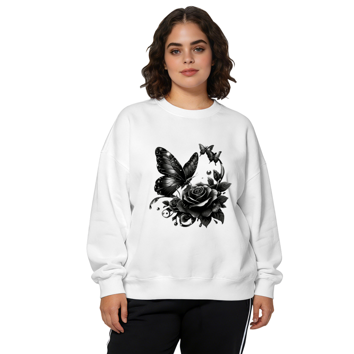 Dark Gothic Black Butterfly & Rose Art Crewneck Sweatshirt