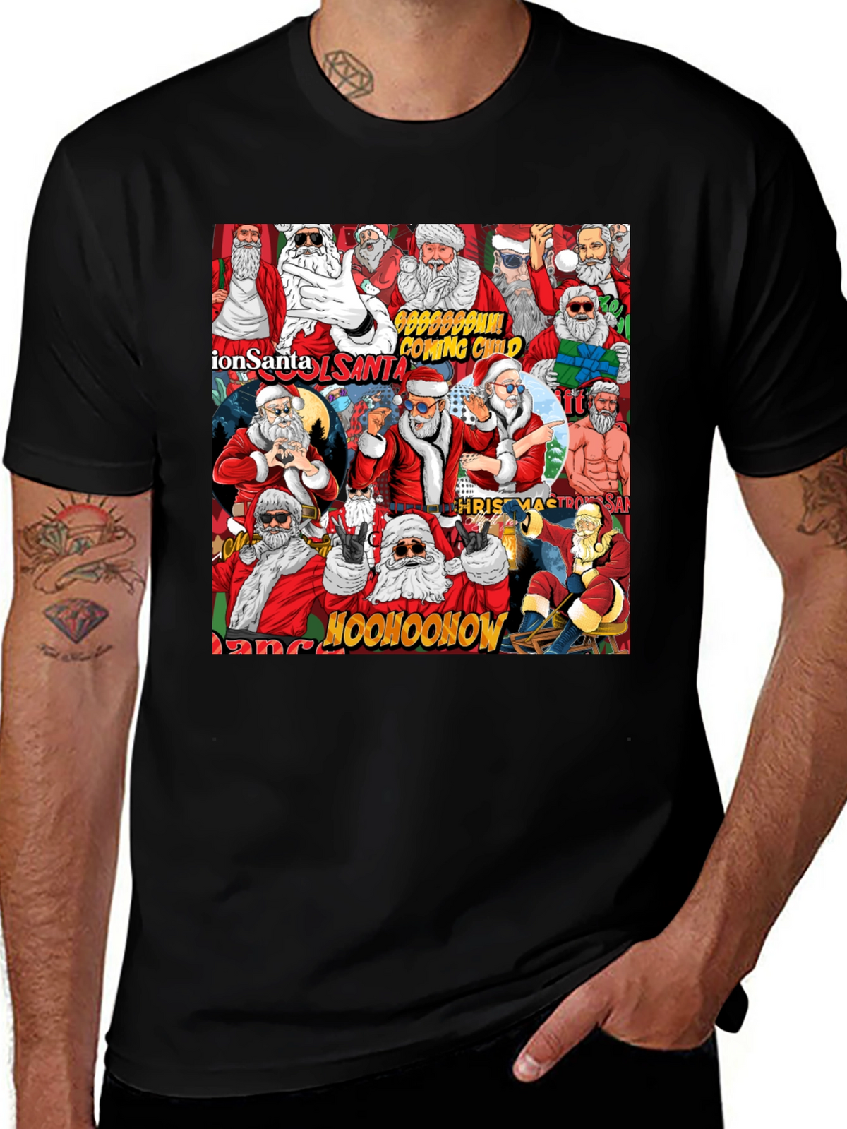 Cool Santa Collage Black T-Shirt