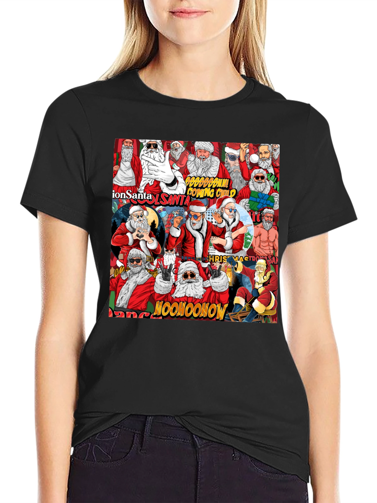 Cool Santa Collage Black T-Shirt