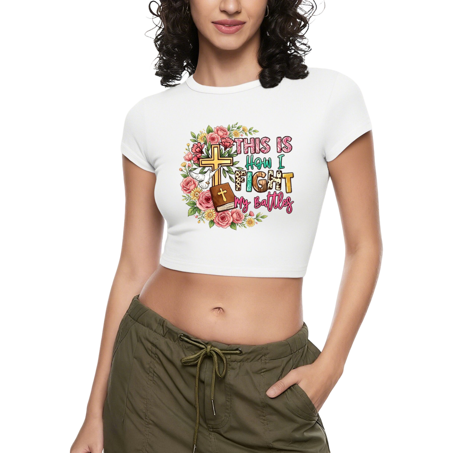 Floral Cross This Is How I Fight My Battles Grey Crop Tee ¨C Faith Christian Top 18.