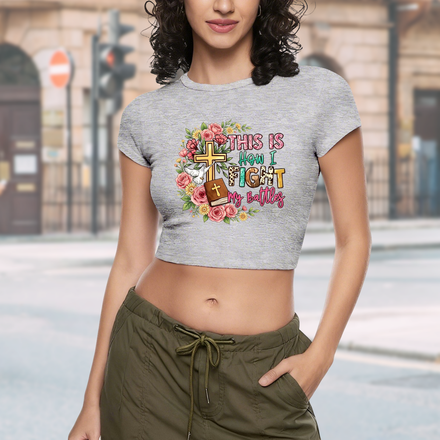 Floral Cross This Is How I Fight My Battles Grey Crop Tee ¨C Faith Christian Top 18.