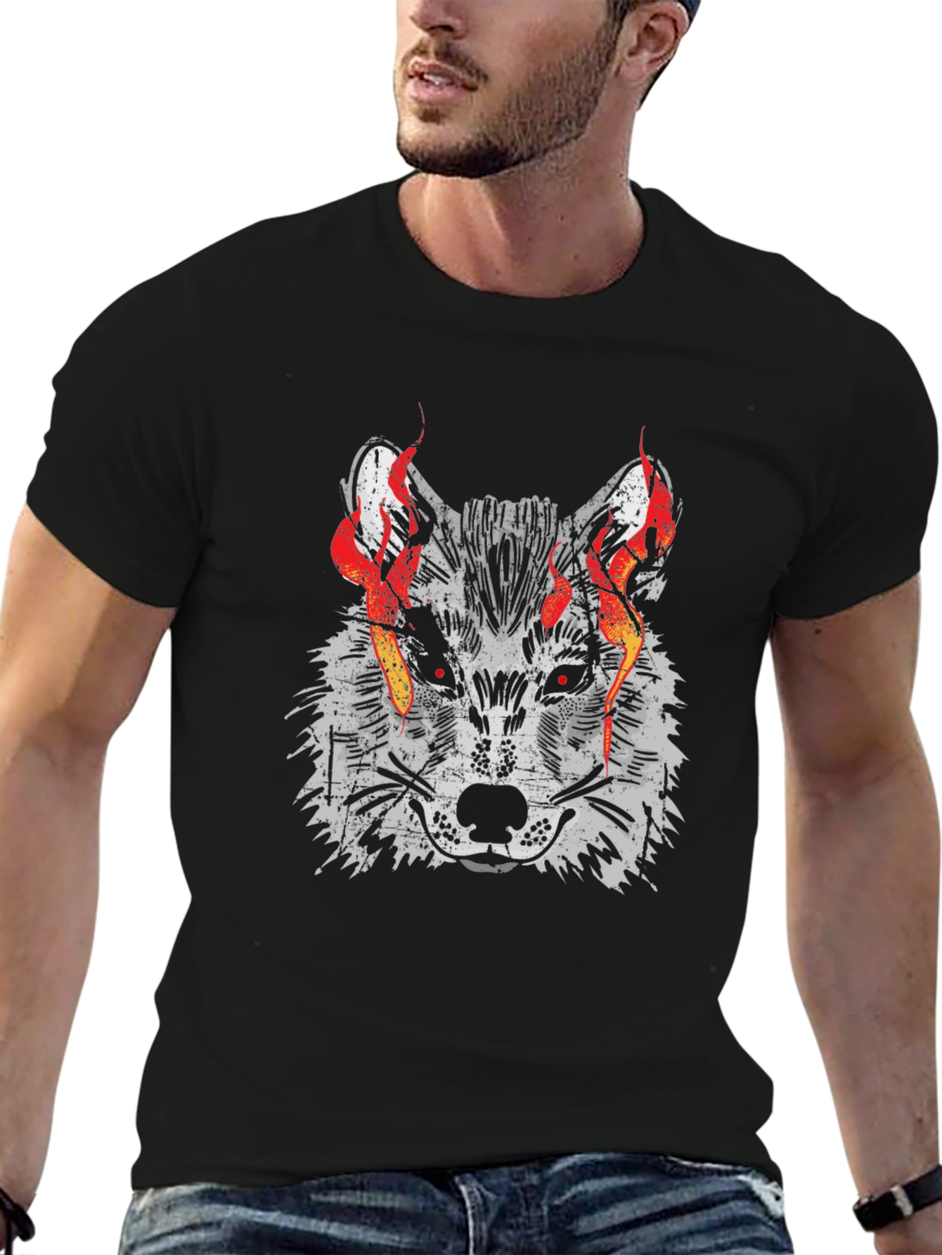 Fiery Wolf Graphic Tee - Mens Black T-Shirt