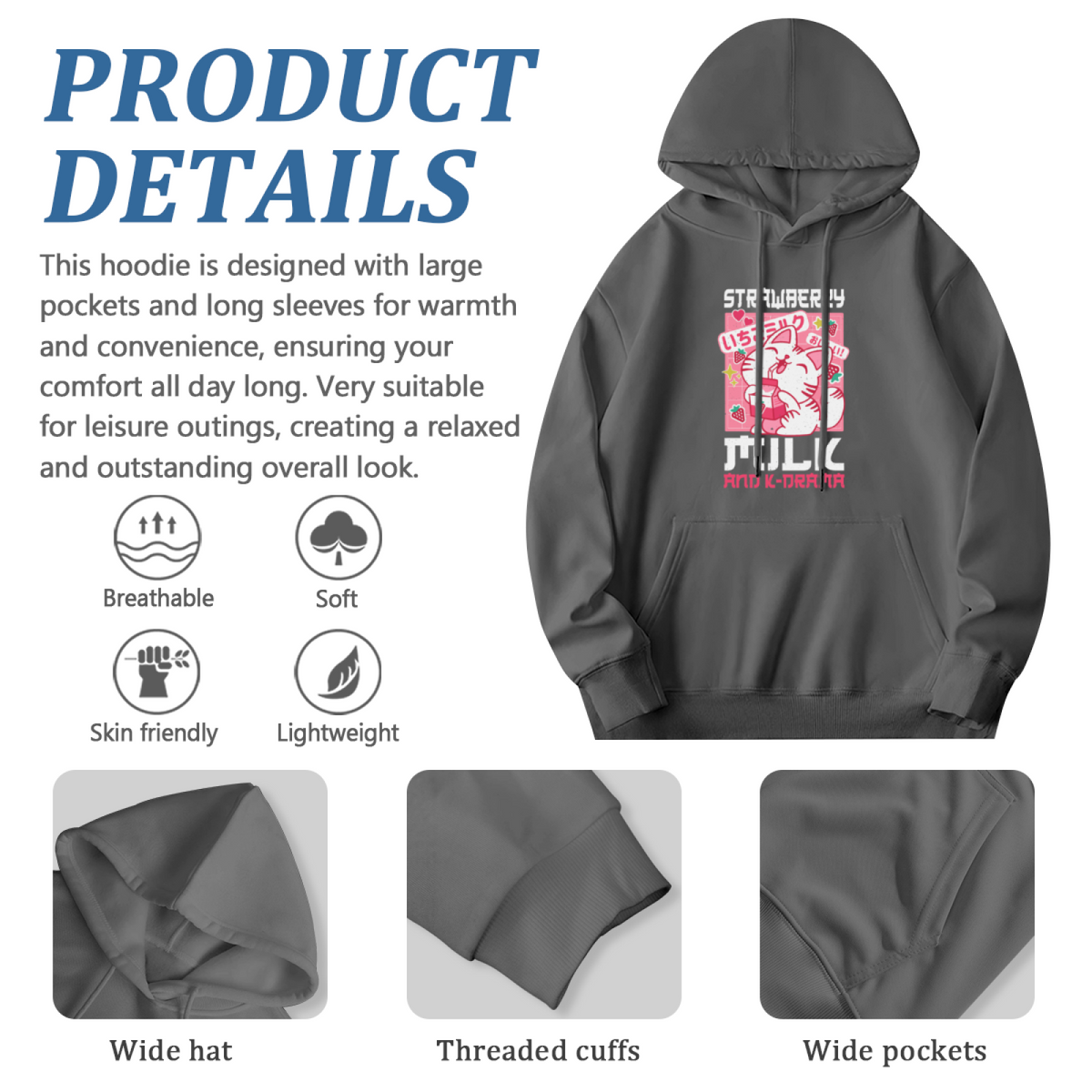Japanese Strawberry Milk Cat Gray Hoodie, Unisex Anime Cute Plush Hoodie
