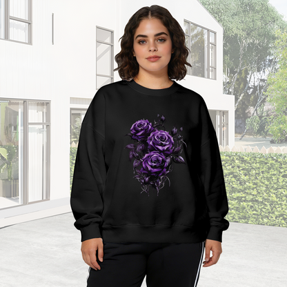 Edgy Gothic Purple Rose Black Base Crewneck Sweatshirt