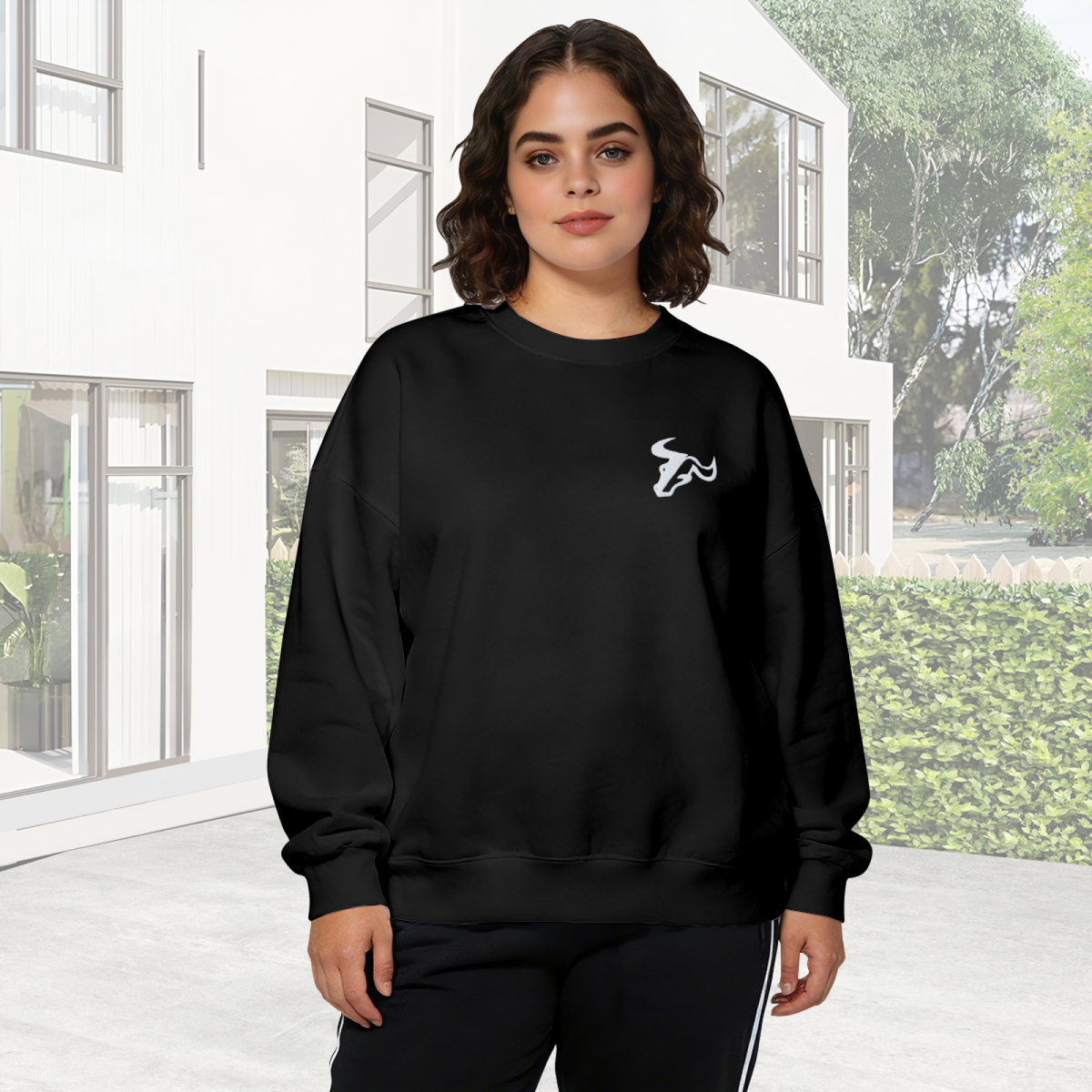 Stylized Abstract Bull Chest Emblem Graphic Crewneck Sweatshirt