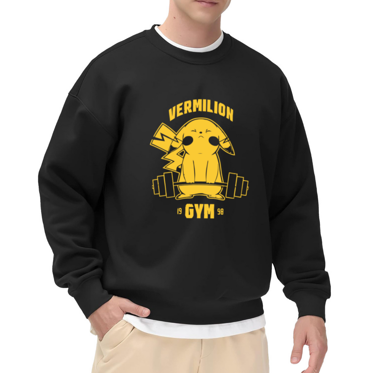 Vermilion Gym Pikachu Weightlifting Retro Anime Gym Crewneck Sweatshirt