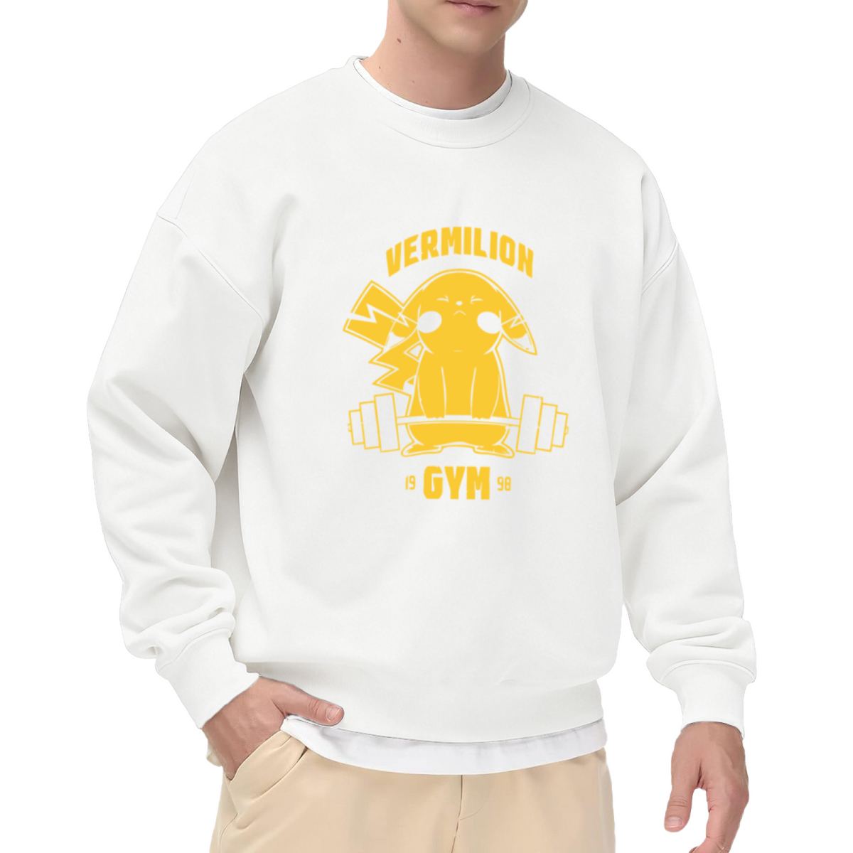 Vermilion Gym Pikachu Weightlifting Retro Anime Gym Crewneck Sweatshirt