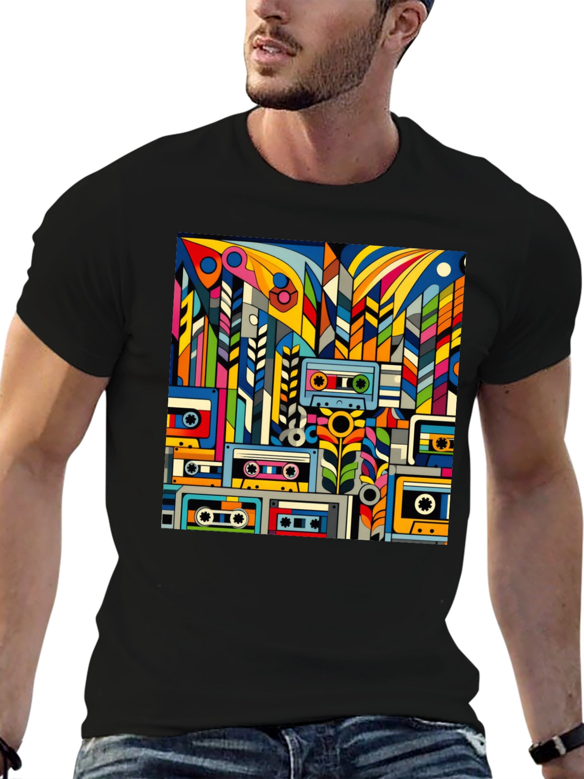 Retro Cassette Tape Art Black T-Shirt