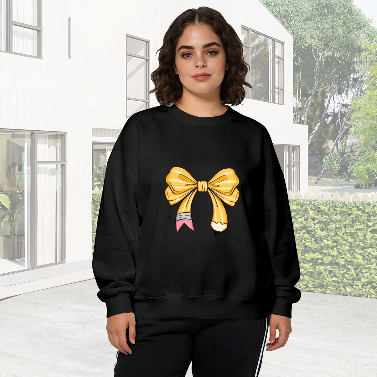 Cute Pencil Bow Fun Art Black Crewneck Sweatshirt