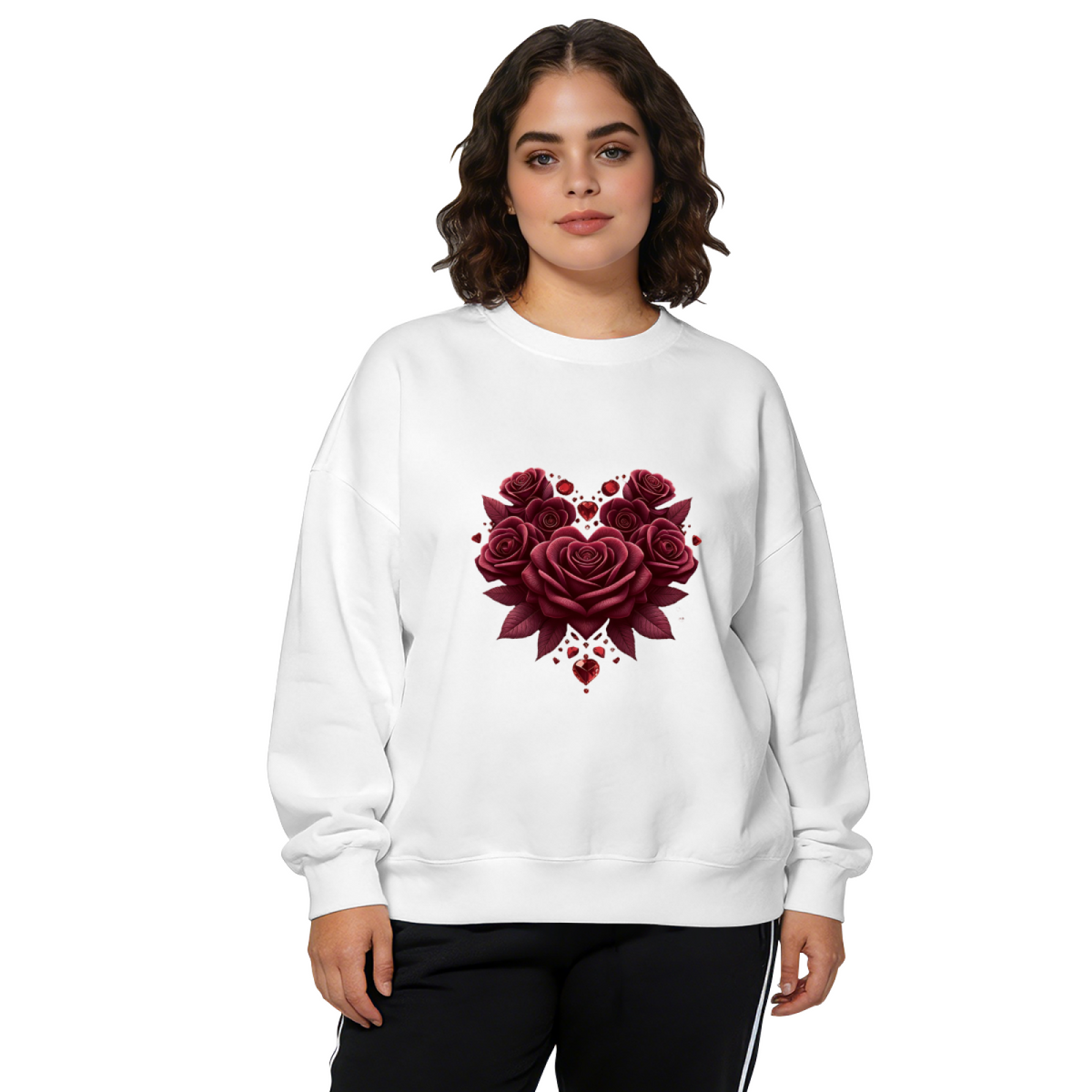 Heart?Shaped Burgundy Rose Art Print Crewneck Sweatshirt