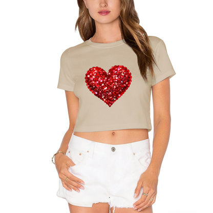 Sparkling Rhinestone Red Heart Red Crop Top ¨C Glam Valentine Party Short Top