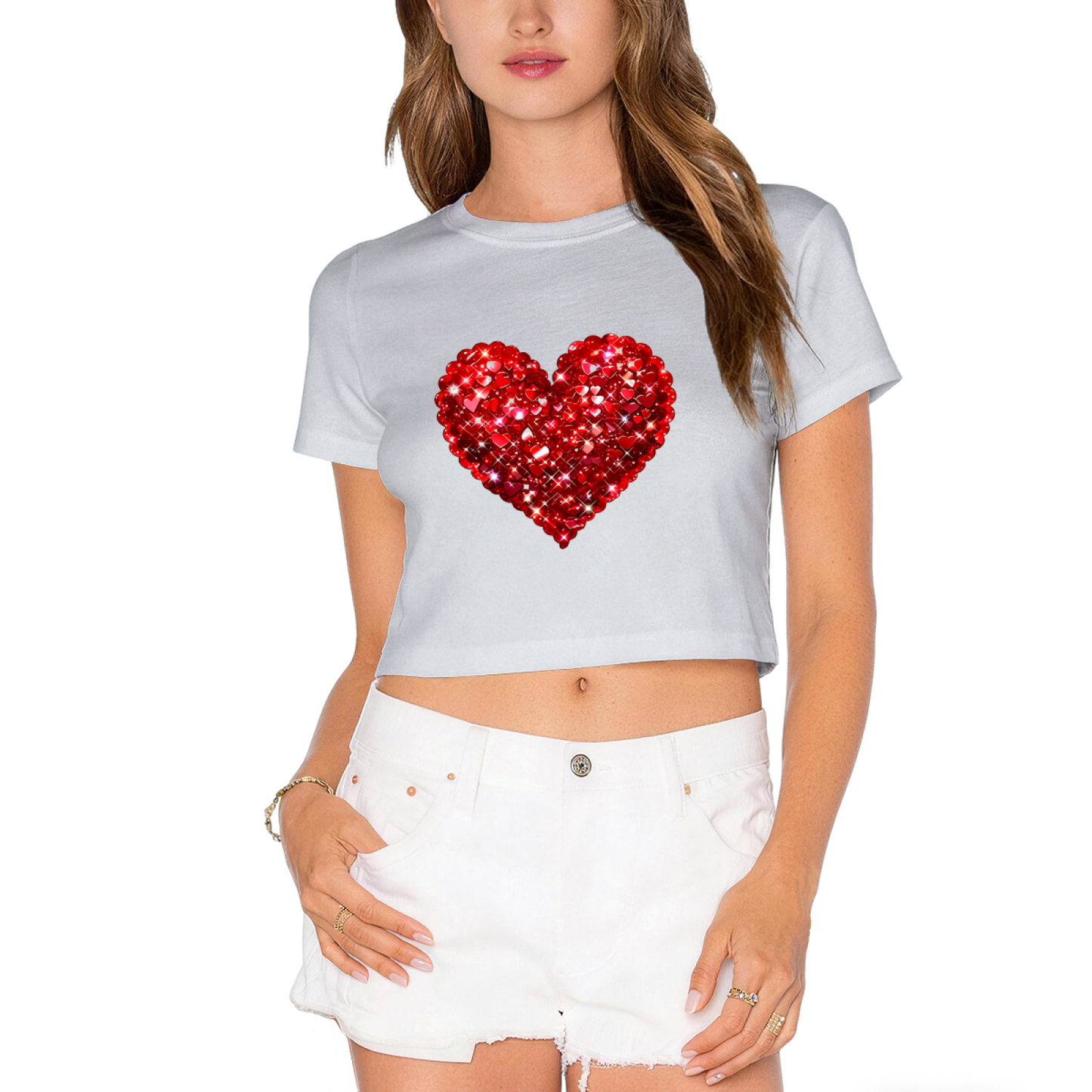 Sparkling Rhinestone Red Heart Red Crop Top ¨C Glam Valentine Party Short Top