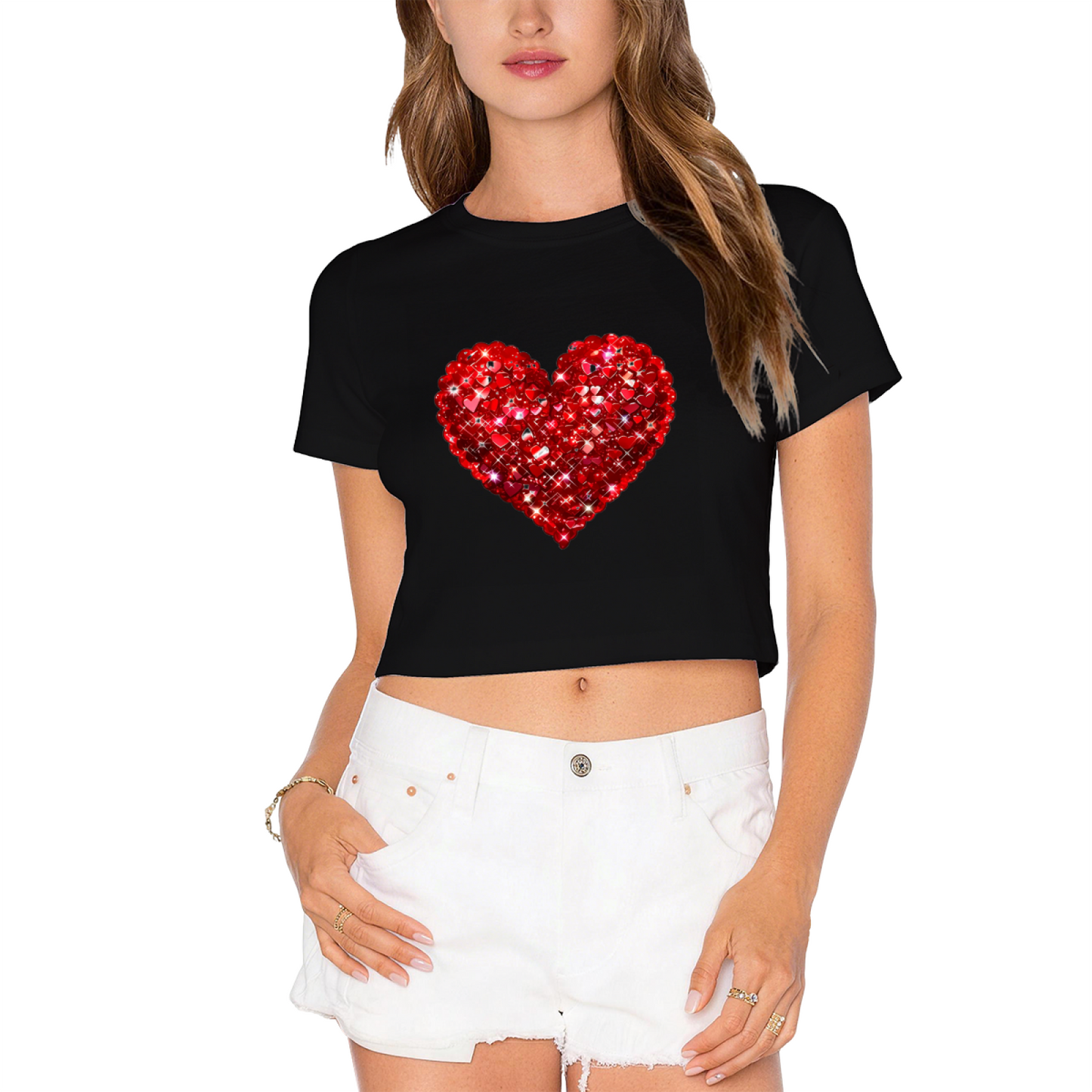 Sparkling Rhinestone Red Heart Red Crop Top ¨C Glam Valentine Party Short Top