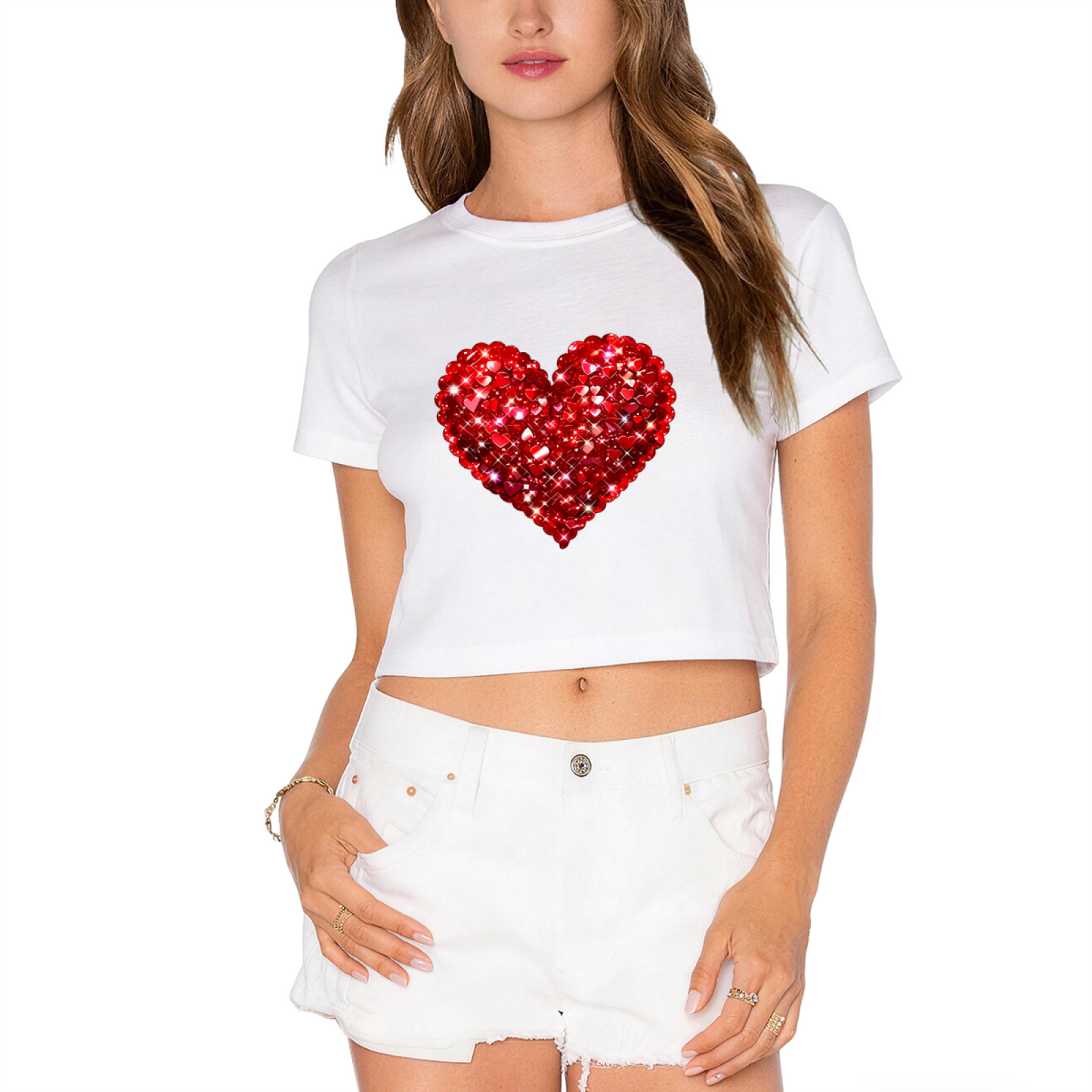 Sparkling Rhinestone Red Heart Red Crop Top ¨C Glam Valentine Party Short Top