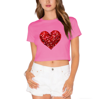 Sparkling Rhinestone Red Heart Red Crop Top ¨C Glam Valentine Party Short Top