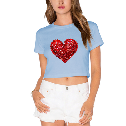 Sparkling Rhinestone Red Heart Red Crop Top ¨C Glam Valentine Party Short Top