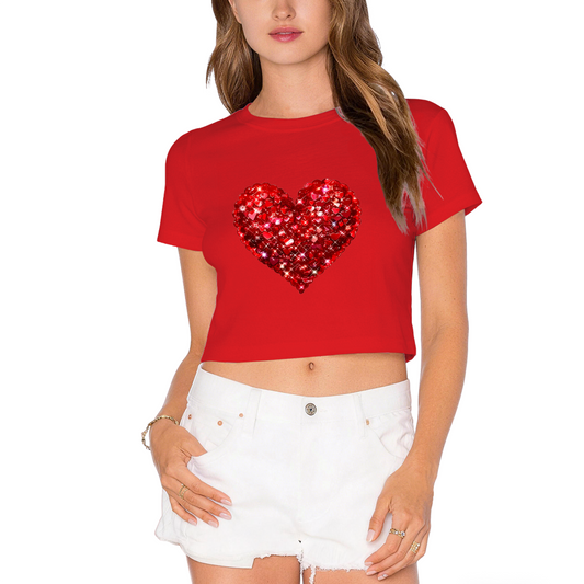 Sparkling Rhinestone Red Heart Red Crop Top ¨C Glam Valentine Party Short Top