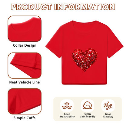 Sparkling Rhinestone Red Heart Red Crop Top ¨C Glam Valentine Party Short Top