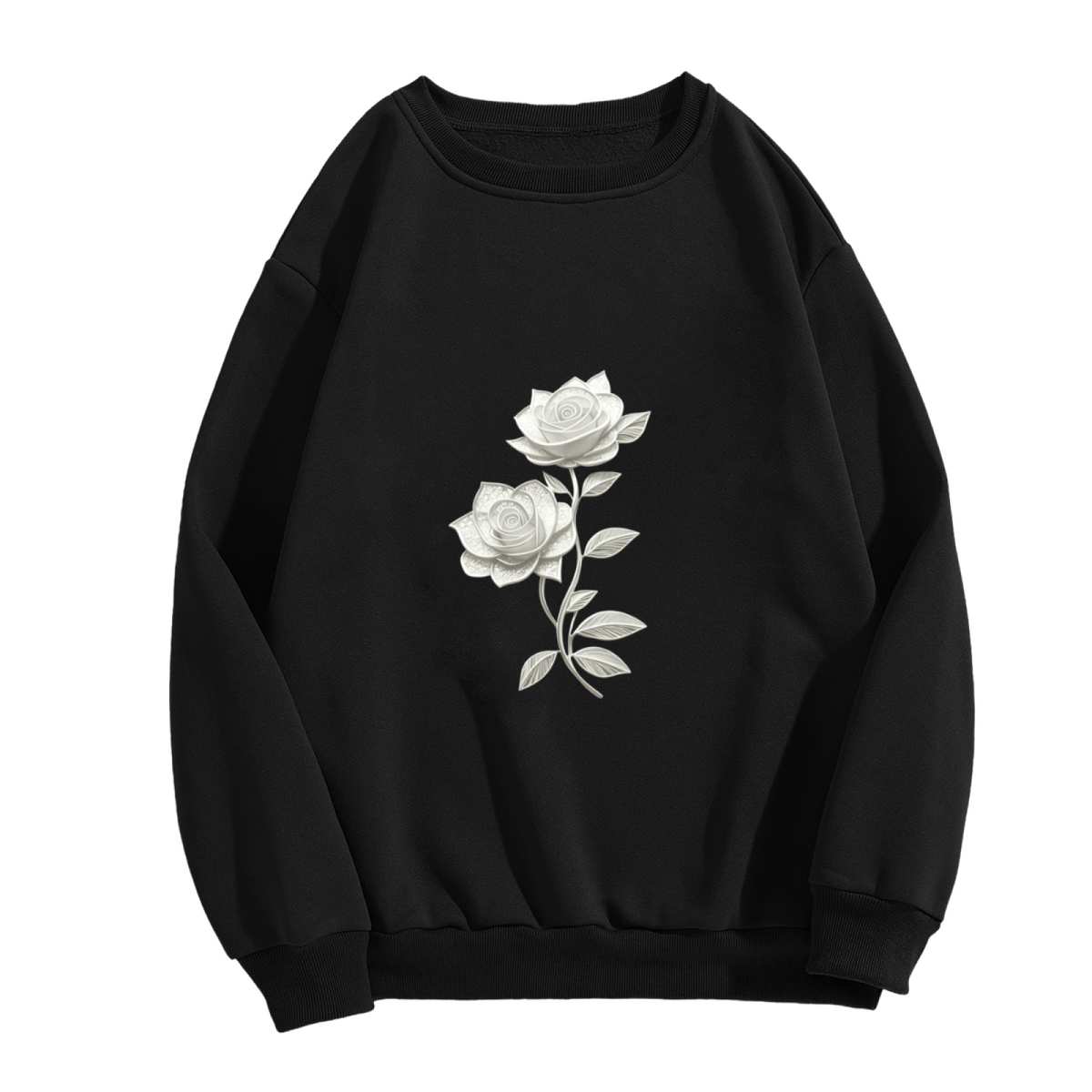 Elegant White Embroidery?Style Rose Crewneck Sweatshirt