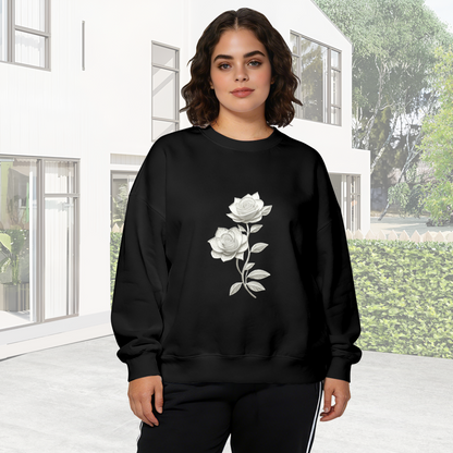 Elegant White Embroidery?Style Rose Crewneck Sweatshirt