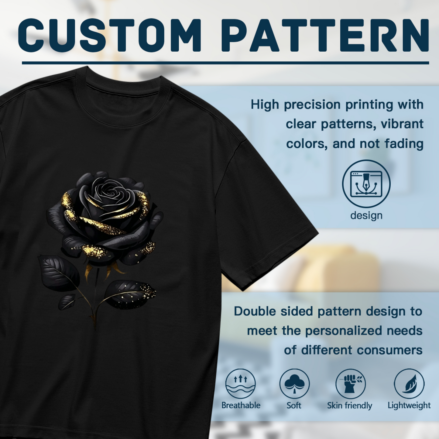 Black Glitter Gothic Rose Elegant Dark Floral Tee