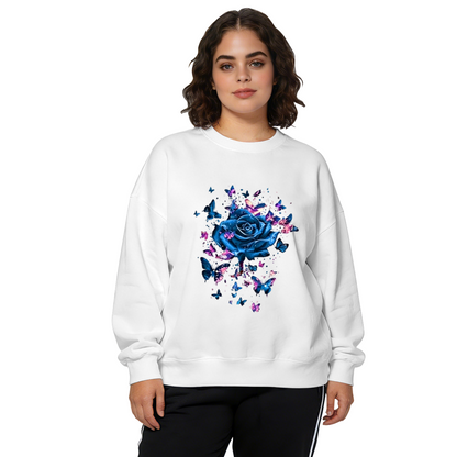 Cosmic Blue Rose & Vibrant Butterflies Art Crewneck Sweatshirt