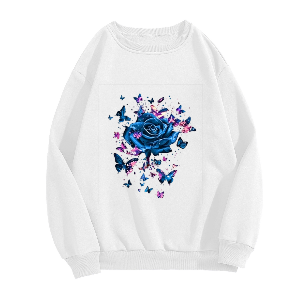 Cosmic Blue Rose & Vibrant Butterflies Art Crewneck Sweatshirt