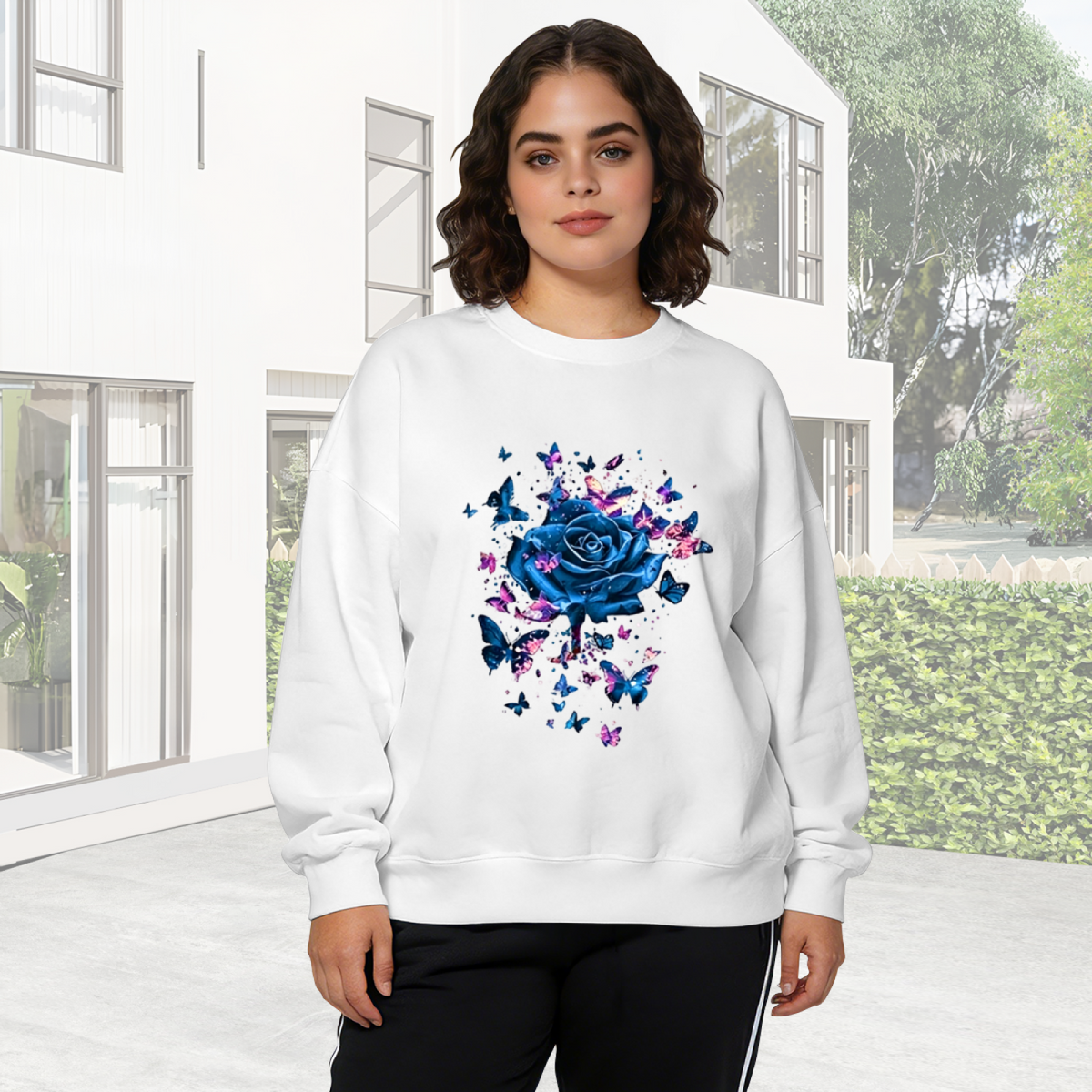 Cosmic Blue Rose & Vibrant Butterflies Art Crewneck Sweatshirt