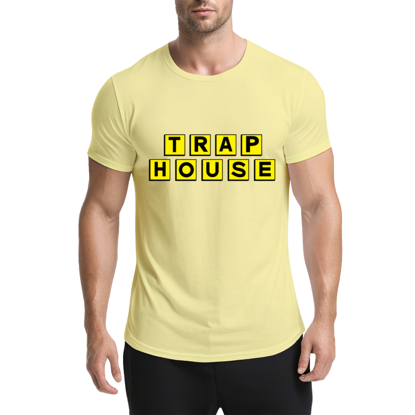 TRAP HOUSE Yellow Block Letter Hip Hop Grey Tee
