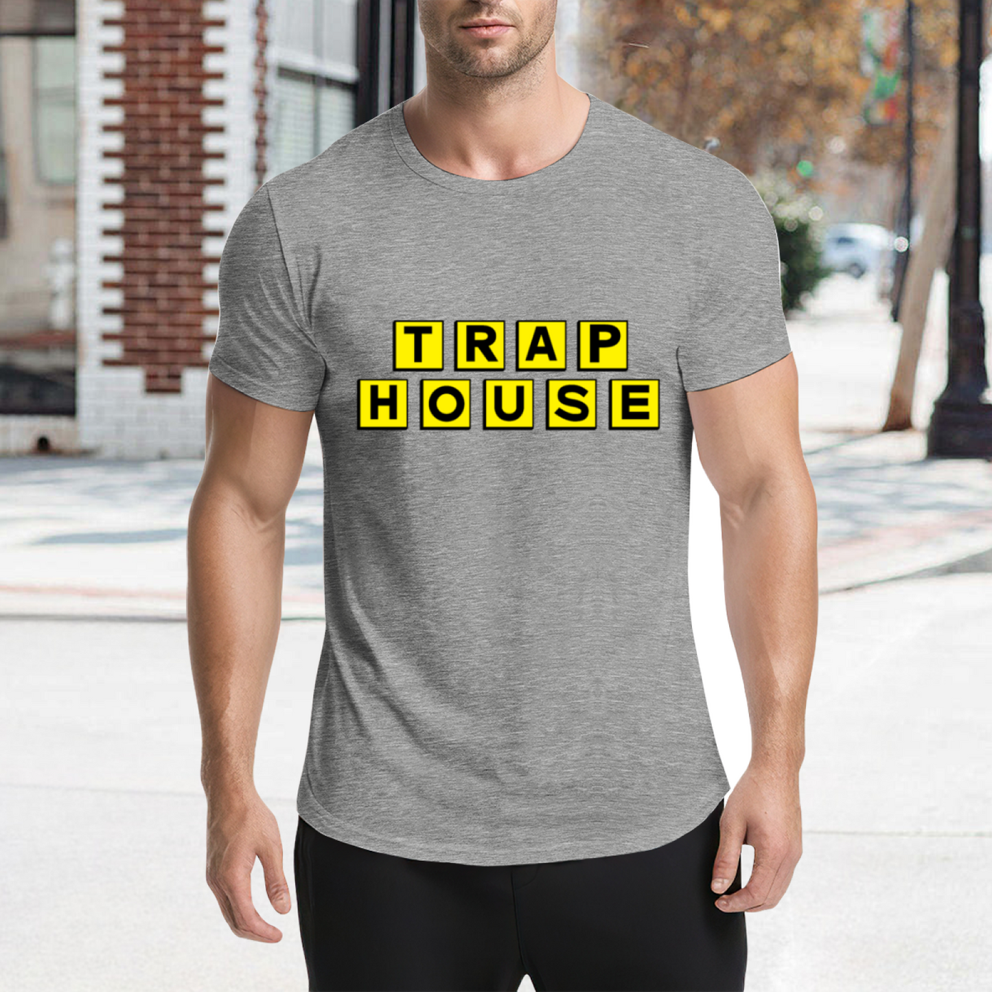 TRAP HOUSE Yellow Block Letter Hip Hop Grey Tee