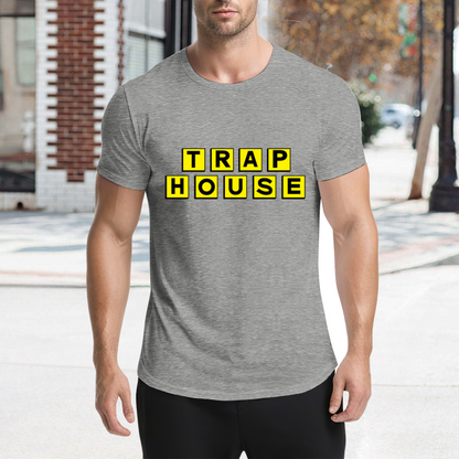 TRAP HOUSE Yellow Block Letter Hip Hop Grey Tee