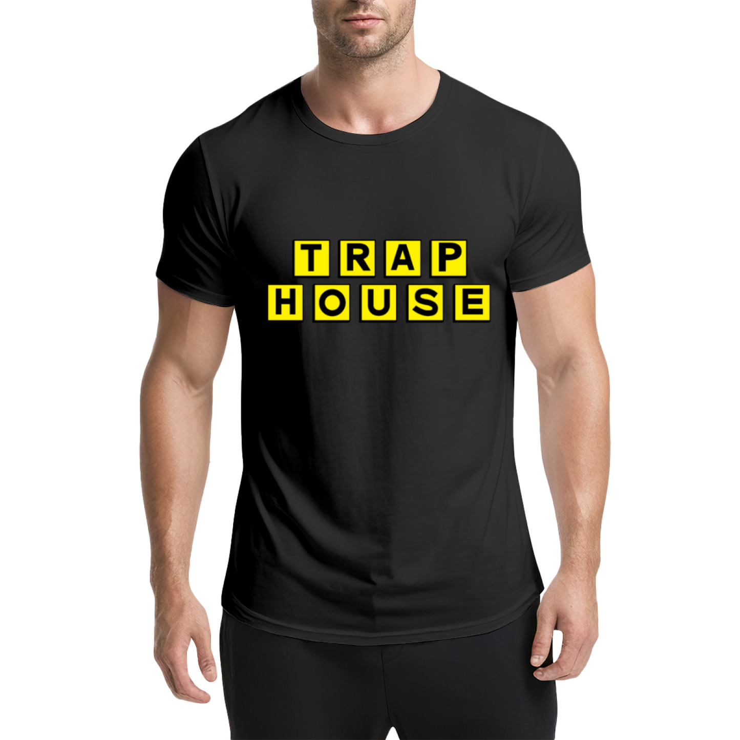 TRAP HOUSE Yellow Block Letter Hip Hop Grey Tee