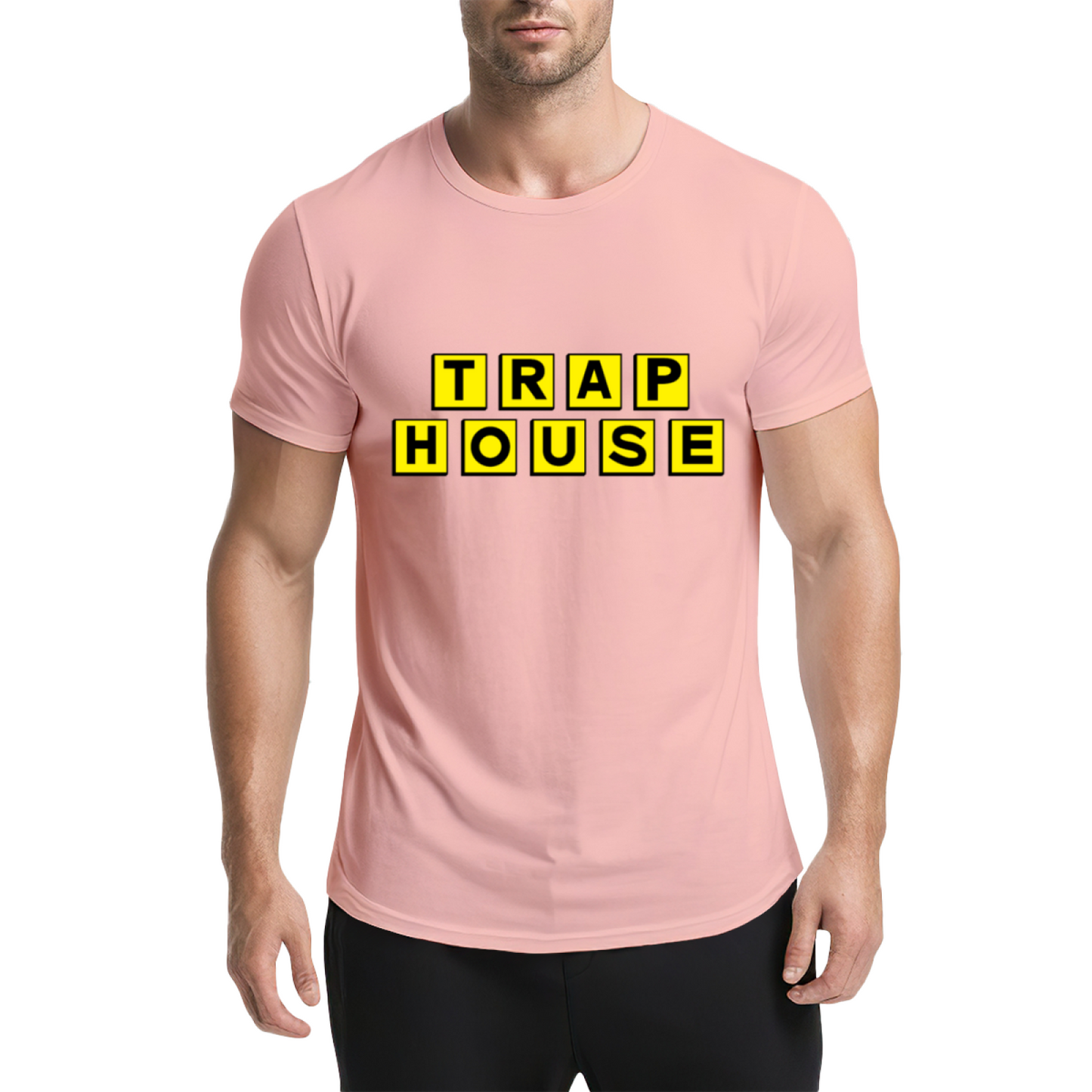 TRAP HOUSE Yellow Block Letter Hip Hop Grey Tee