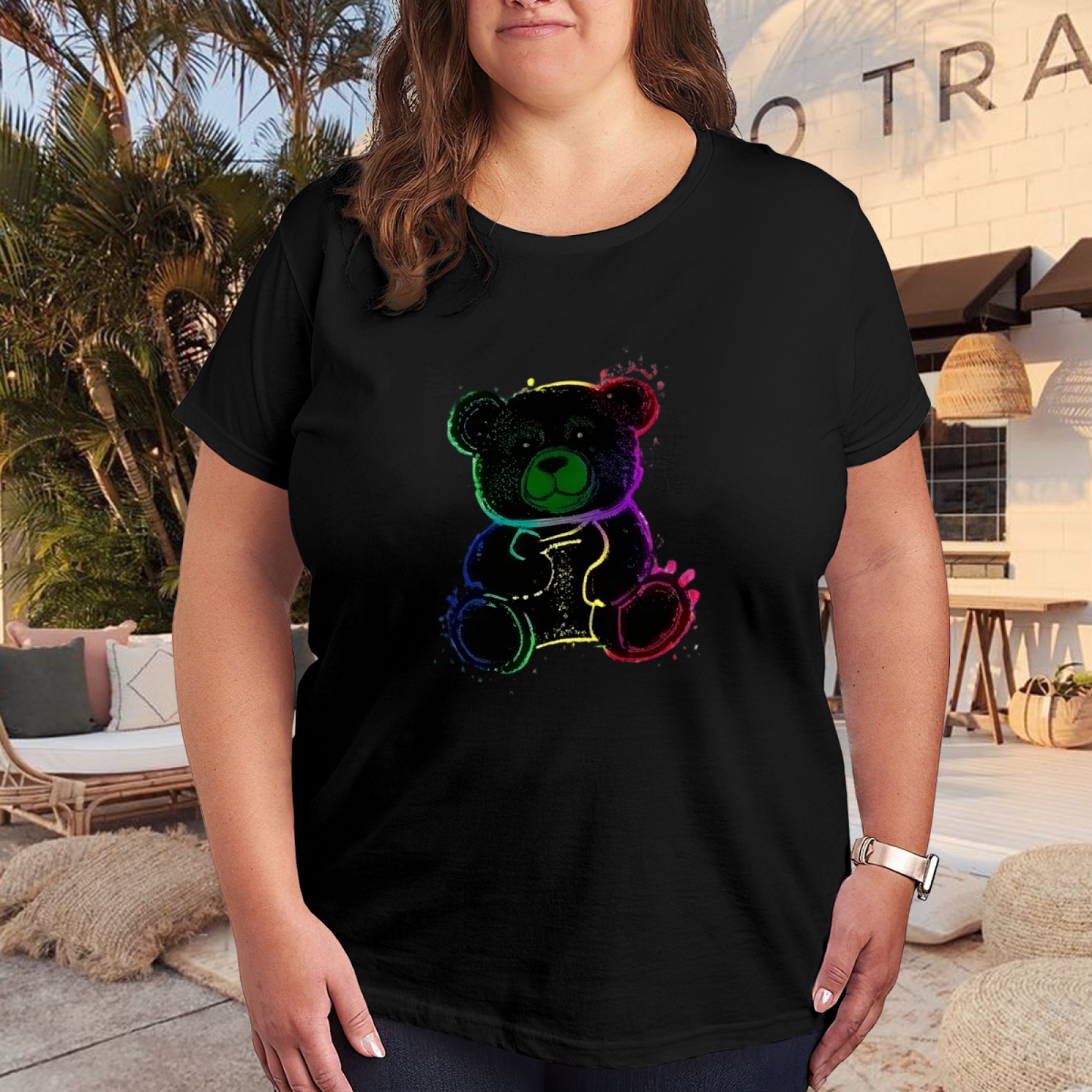 Neon Rainbow Splash Cute Teddy Bear Casual Top
