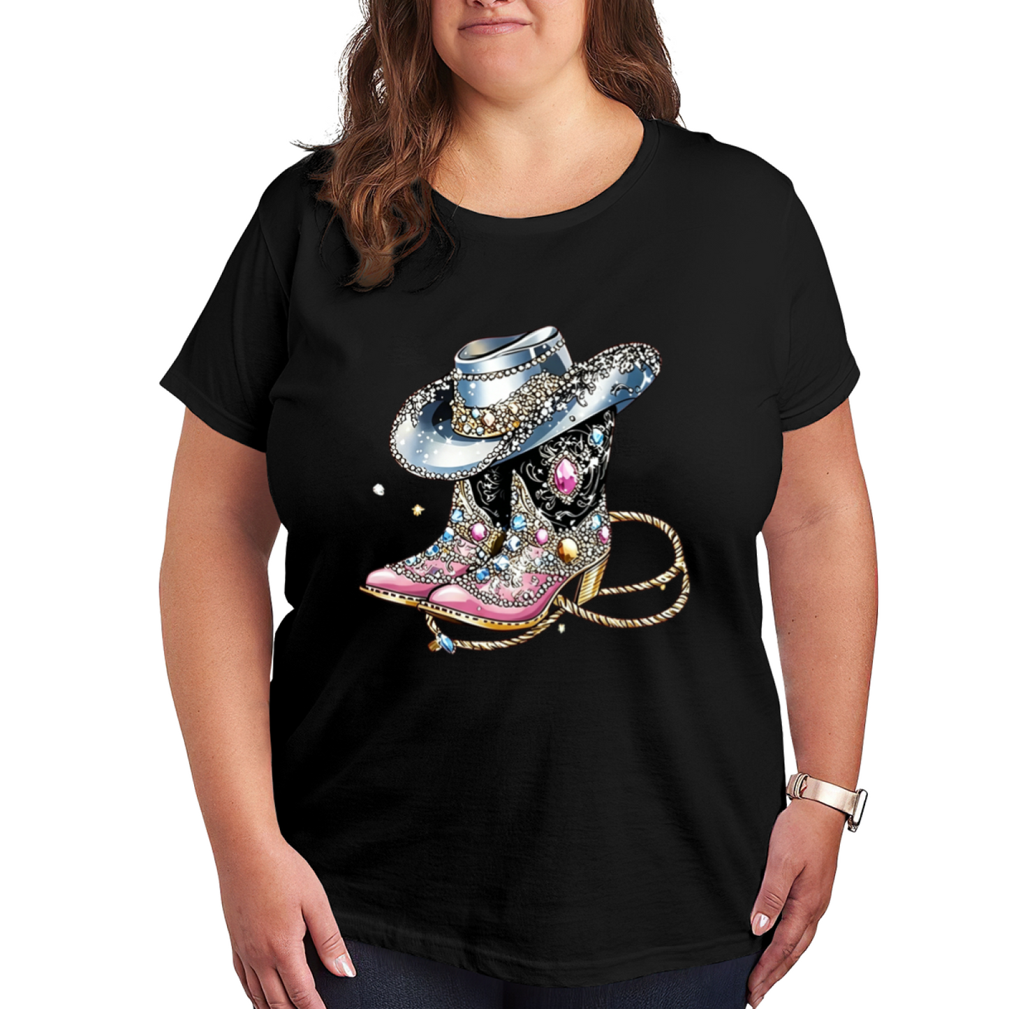 Bling Rhinestone Cowgirl Boots Western Retro Tee
