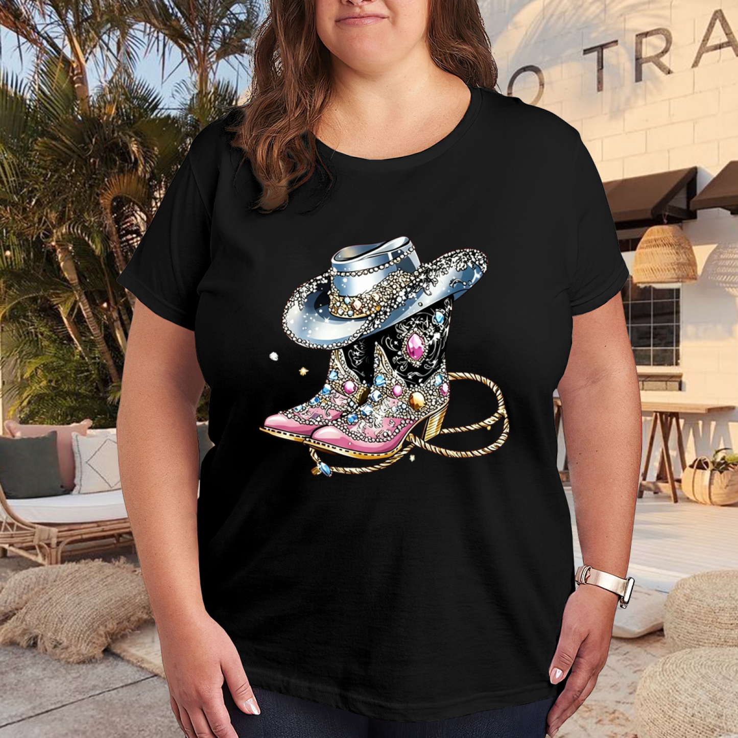 Bling Rhinestone Cowgirl Boots Western Retro Tee