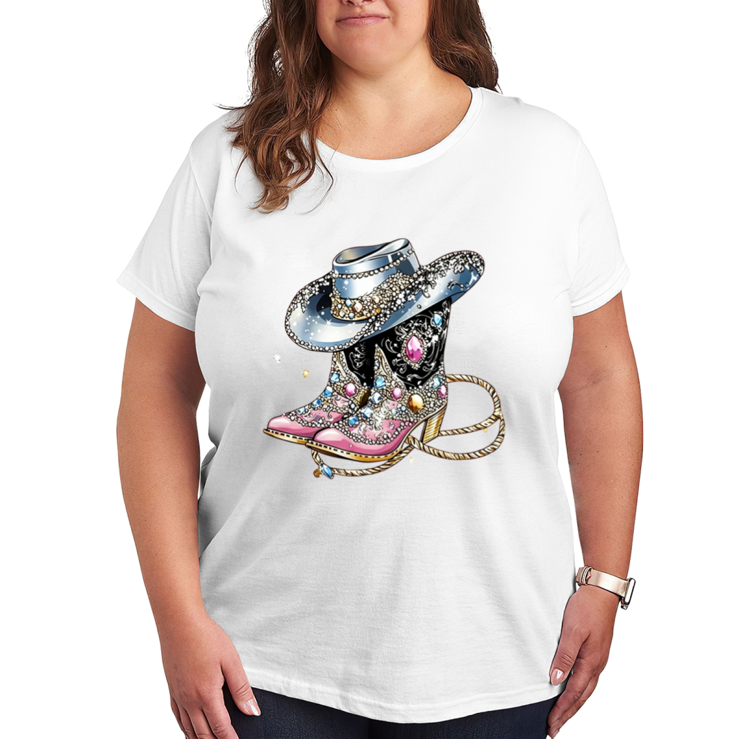 Bling Rhinestone Cowgirl Boots Western Retro Tee