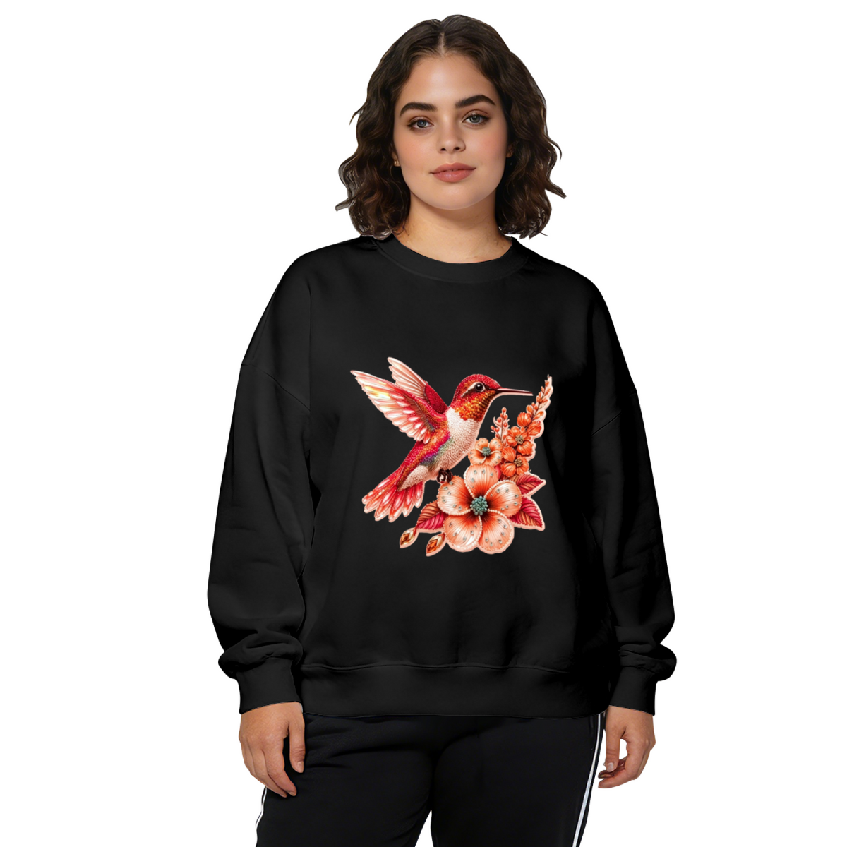 Vibrant Red Hummingbird With Floral Accents Crewneck Sweatshirt