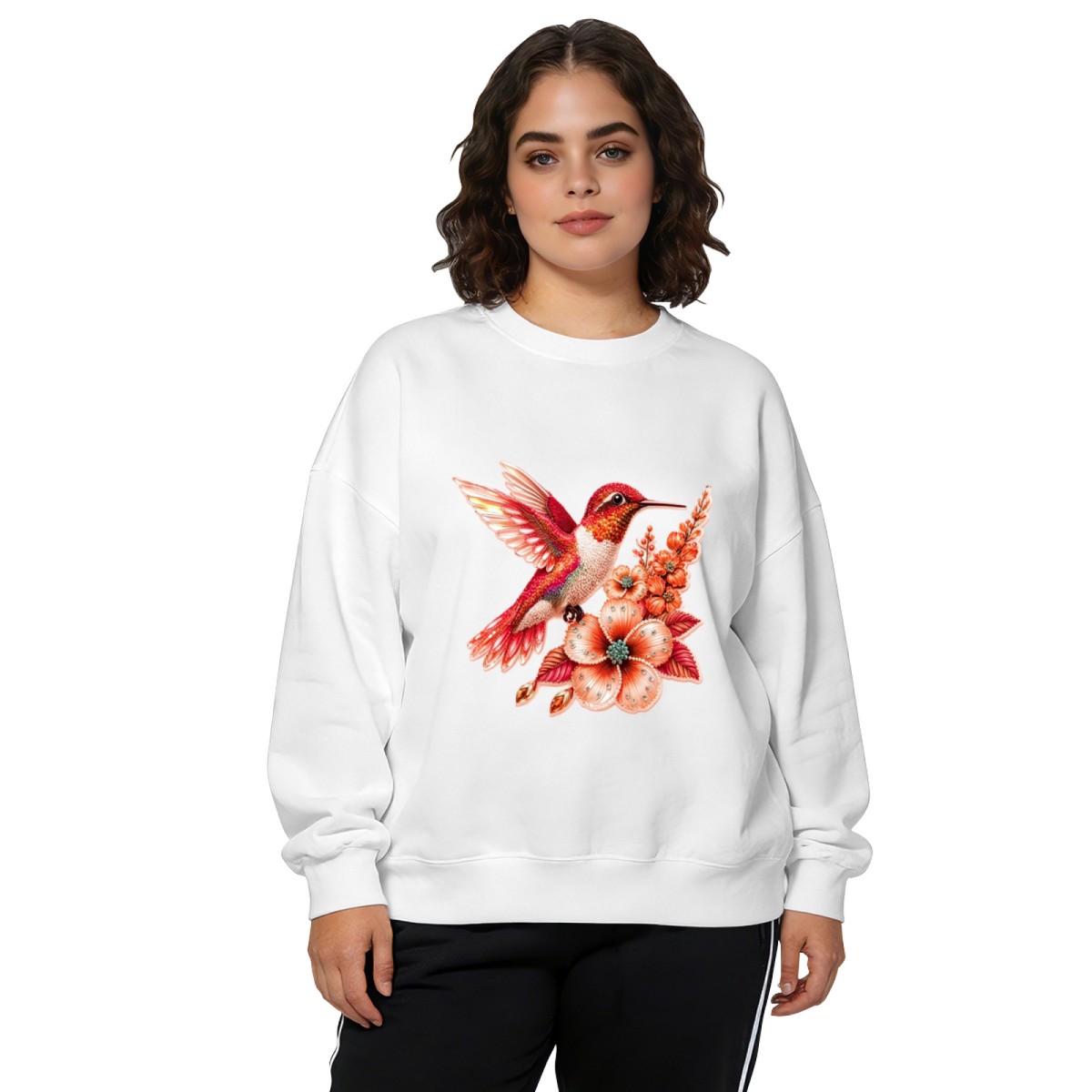 Vibrant Red Hummingbird With Floral Accents Crewneck Sweatshirt