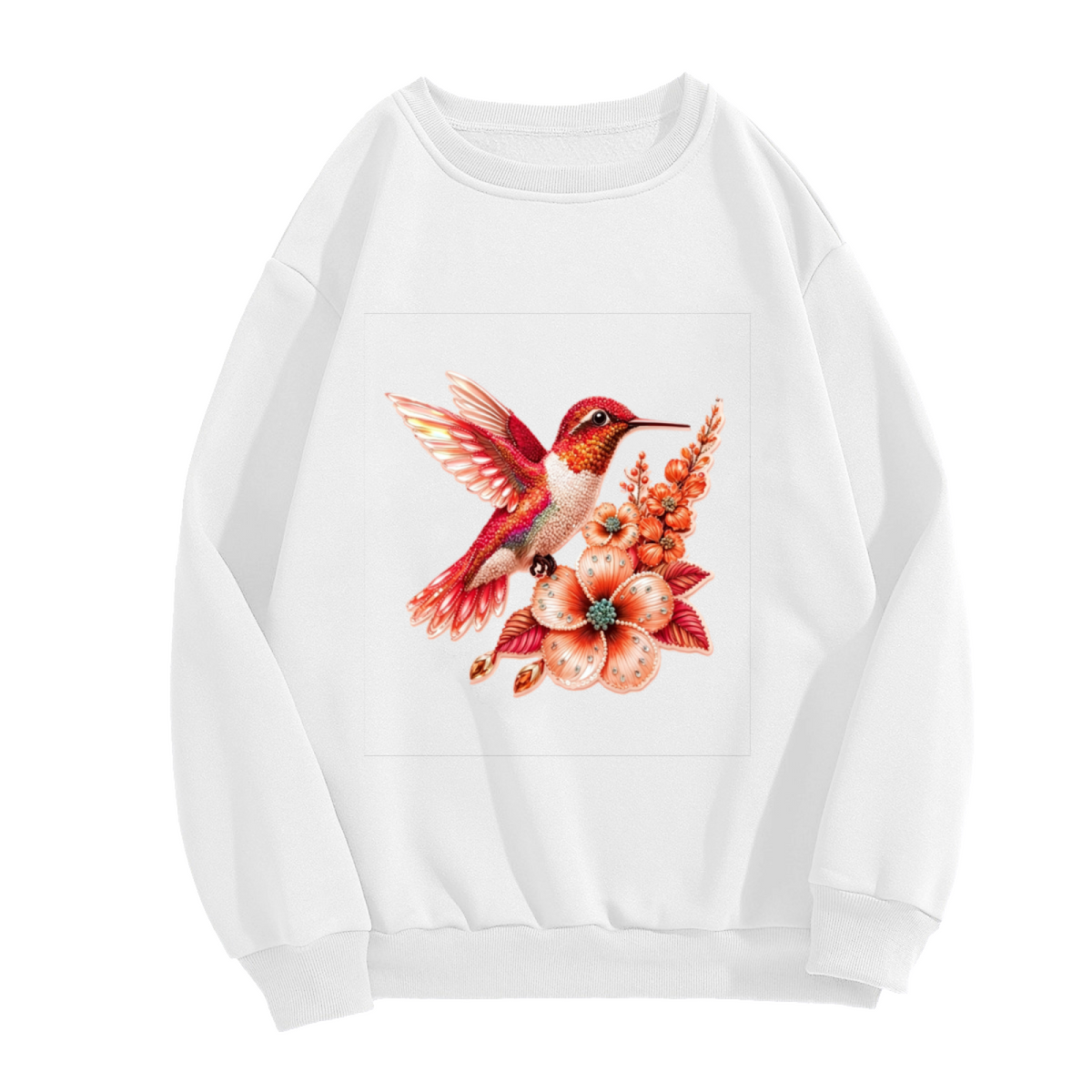 Vibrant Red Hummingbird With Floral Accents Crewneck Sweatshirt