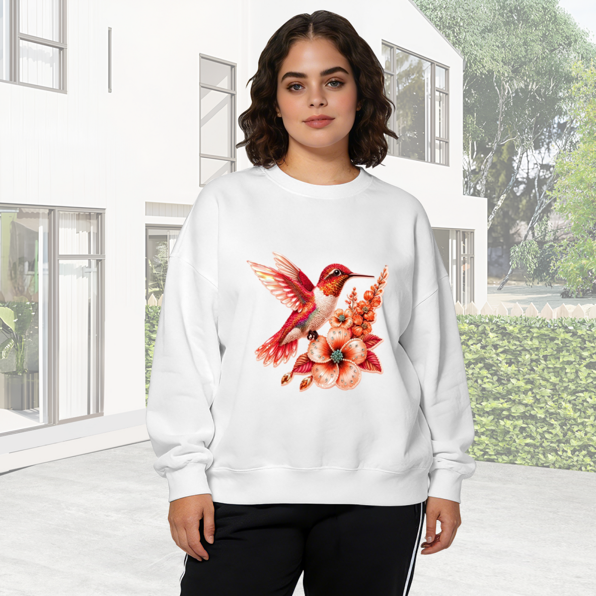 Vibrant Red Hummingbird With Floral Accents Crewneck Sweatshirt