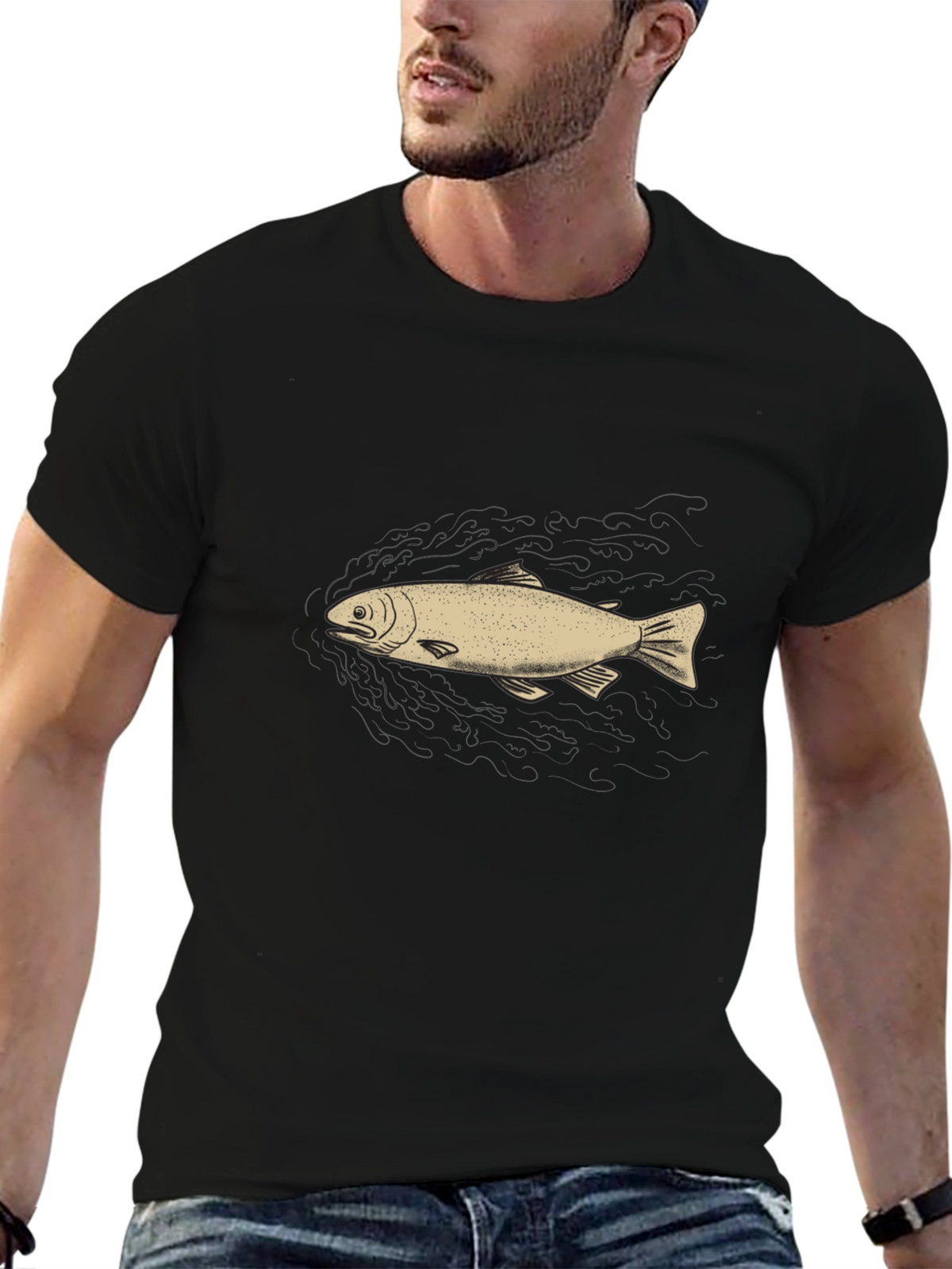 Mens Black Graphic Tee - Fish Design
