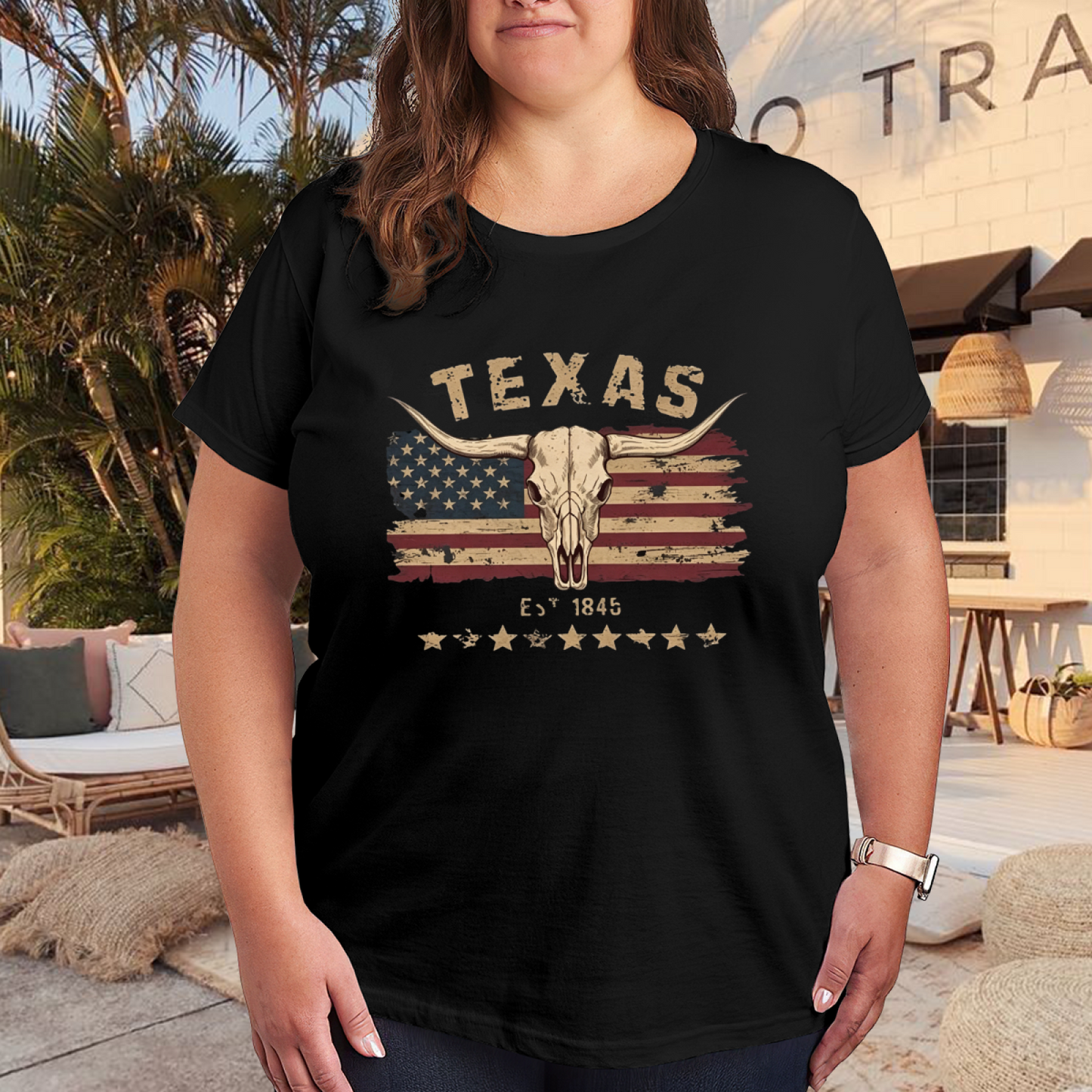Retro Texas Longhorn American Flag Western Tee