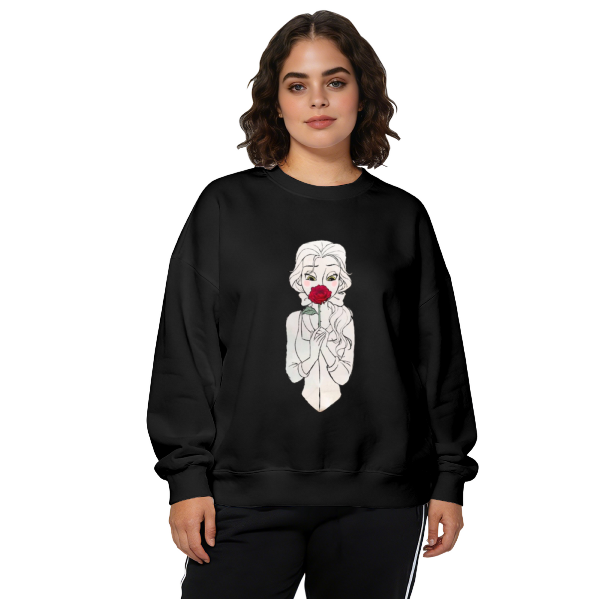Belle Holding Red Rose Beauty And The Beast Art Black Crewneck Sweatshirt
