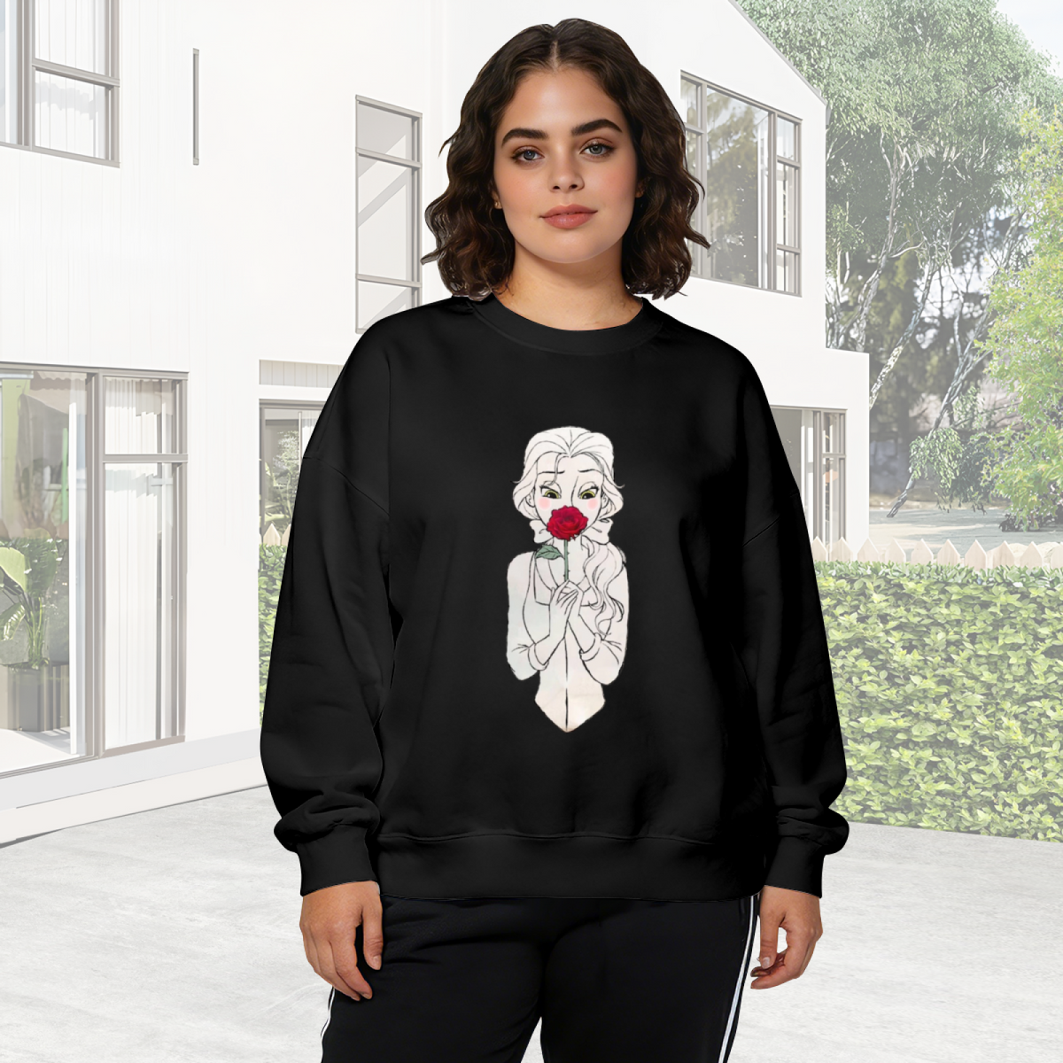 Belle Holding Red Rose Beauty And The Beast Art Black Crewneck Sweatshirt