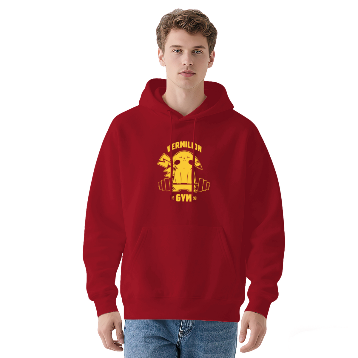 Vermilion Gym Pikachu Fitness Fan Red Hoodie, Loose Comfort Training Wear