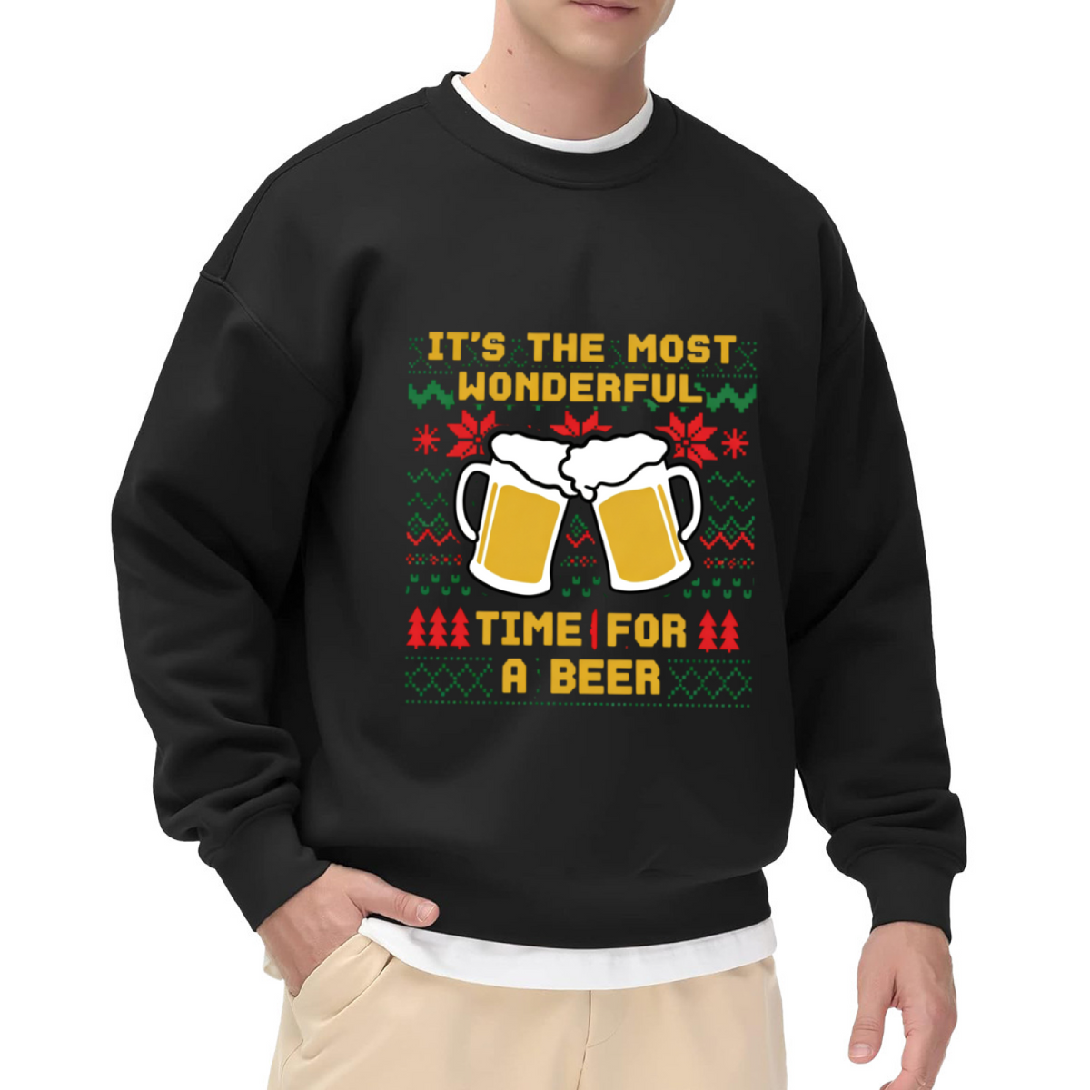 It¡¯s The Most Wonderful Time For Beer Ugly Christmas Knit Print Crewneck Sweatshirt