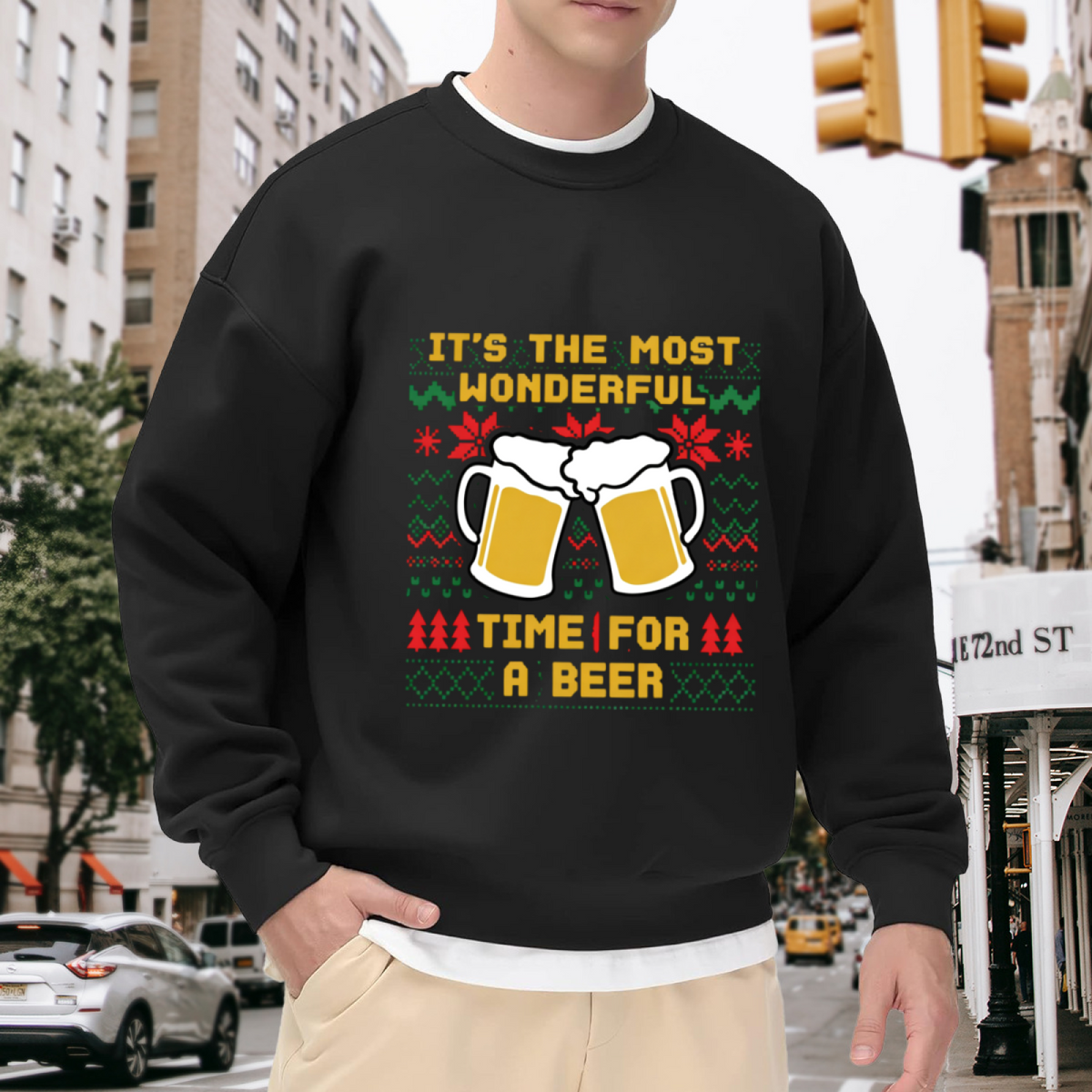 It¡¯s The Most Wonderful Time For Beer Ugly Christmas Knit Print Crewneck Sweatshirt