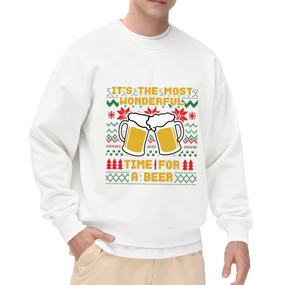 It¡¯s The Most Wonderful Time For Beer Ugly Christmas Knit Print Crewneck Sweatshirt